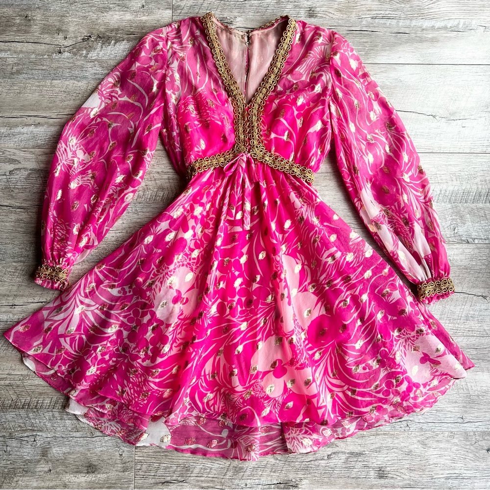 Vintage 1960’s Malcom Starr Vibrant Pink Floral Dress with Gold Accents Rare